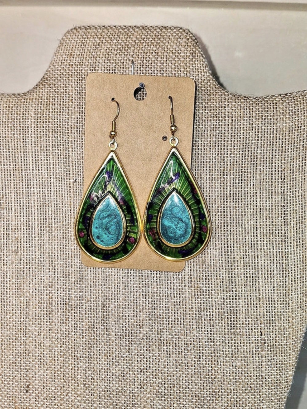 Teardrop Dangle Earrings in Green & Blue Like New